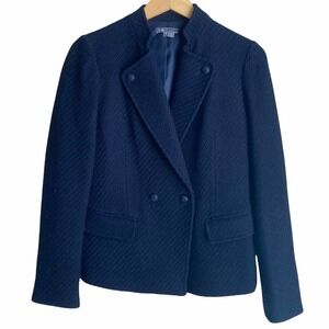 Vince Wool Double Breasted Woven Tweed Blazer Jacket Navy Blue